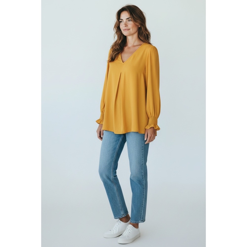 Funlingo Womens V-Neck Smocked Cuff Blouse Mustard Yellow Long Sleeve Top 2XL